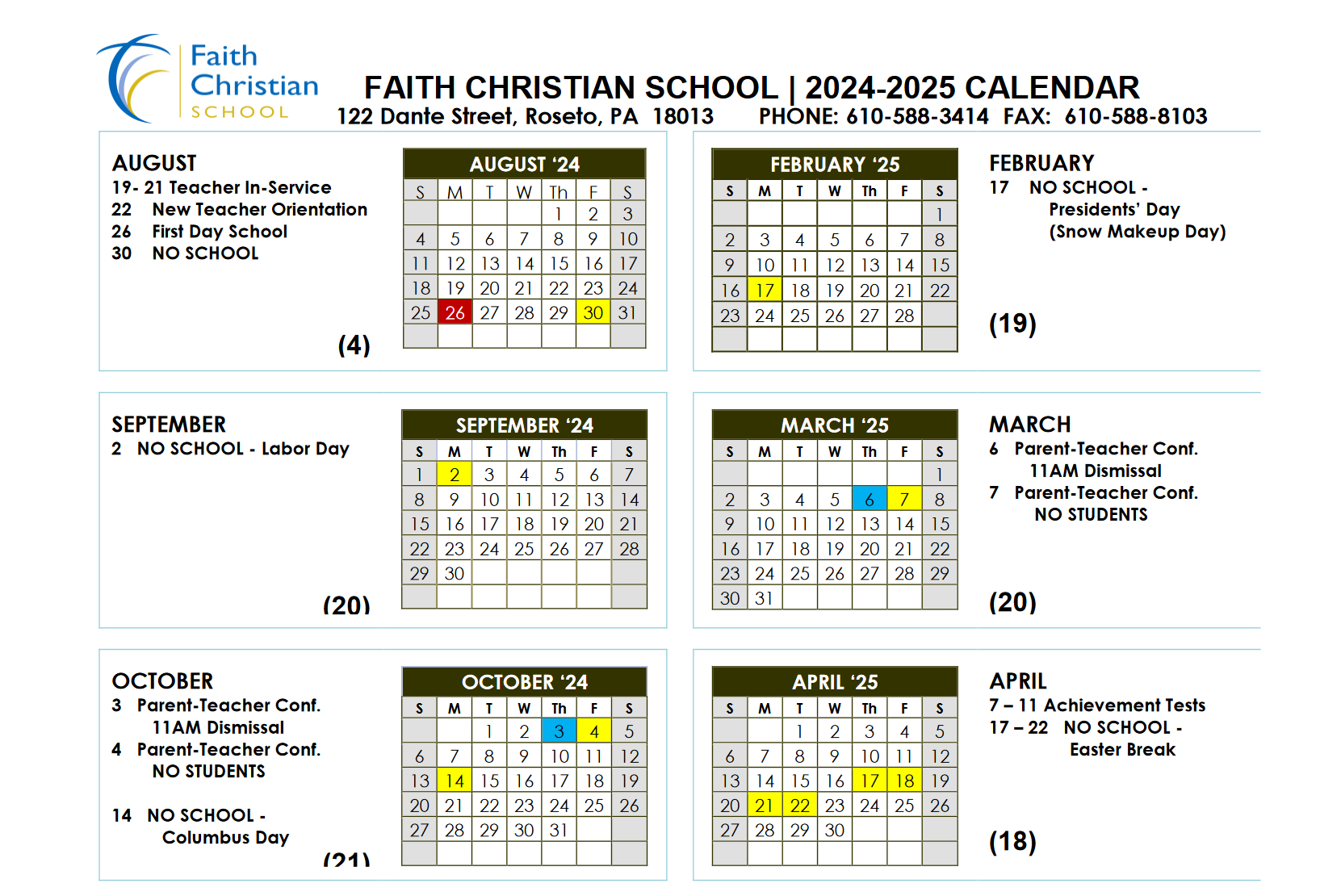 20242025 School Calendar Faith Christian School