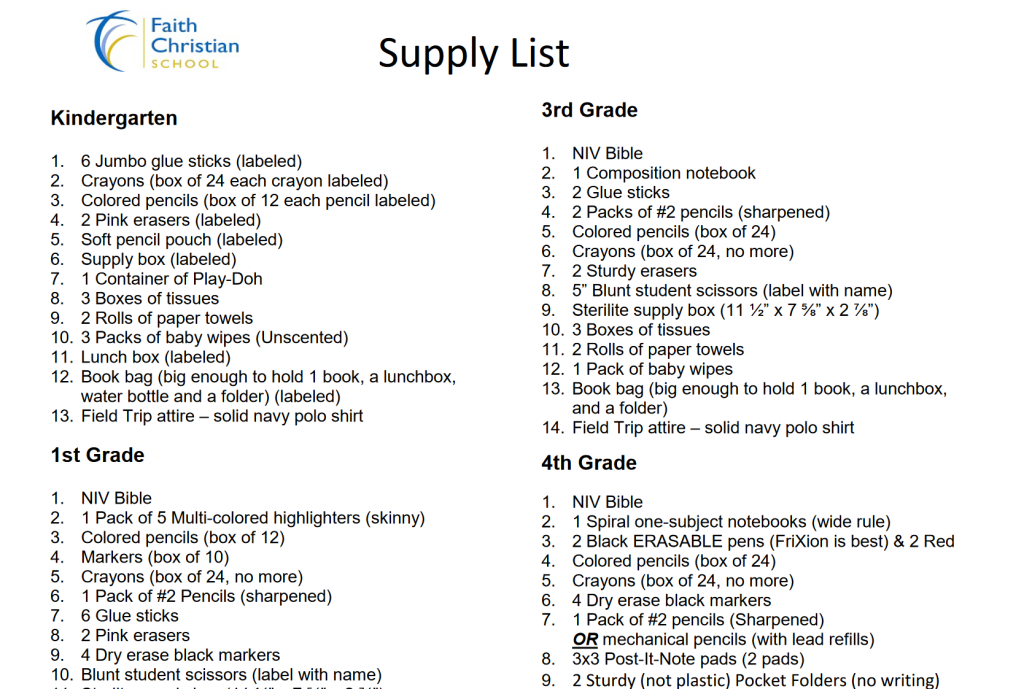 2024-2025 K-12 Supply List